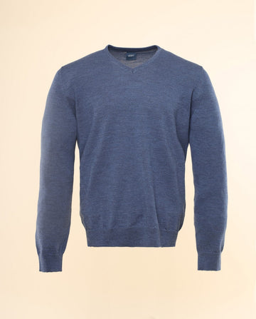 Camisola Decote em V 100% Lã Merino em Azul